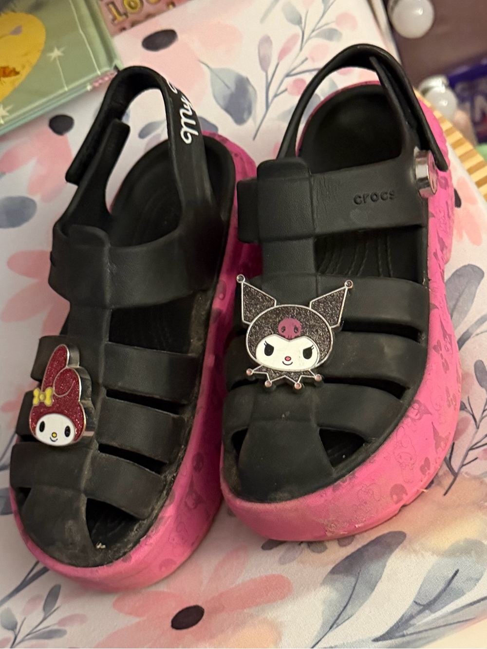 CROCS Black and Pink Sanrio platform stomp sandals